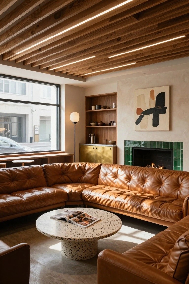 Indoor lounge with tan leather L-shaped sectional sofas around a white terrazzo coffee table, green tiled fireplace, wooden beamed ceiling with recessed linear LED lights, wooden shelving, and large street-view window.