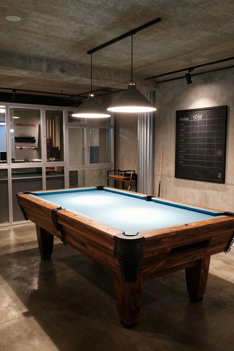 Basement rec room with wooden pool table centered under two hanging black conical pendant lights from exposed concrete ceiling, track spotlights along beams, glass-fronted cue rack, and blackboard on wall.