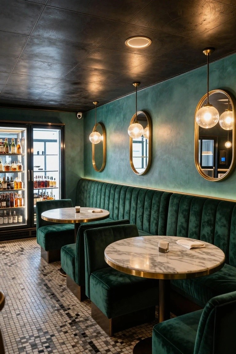 Dark metal ceiling with recessed lighting and hanging pendant fixtures above green velvet booths and marble tables in a bar lounge with a glass-fronted fridge and emerald walls.