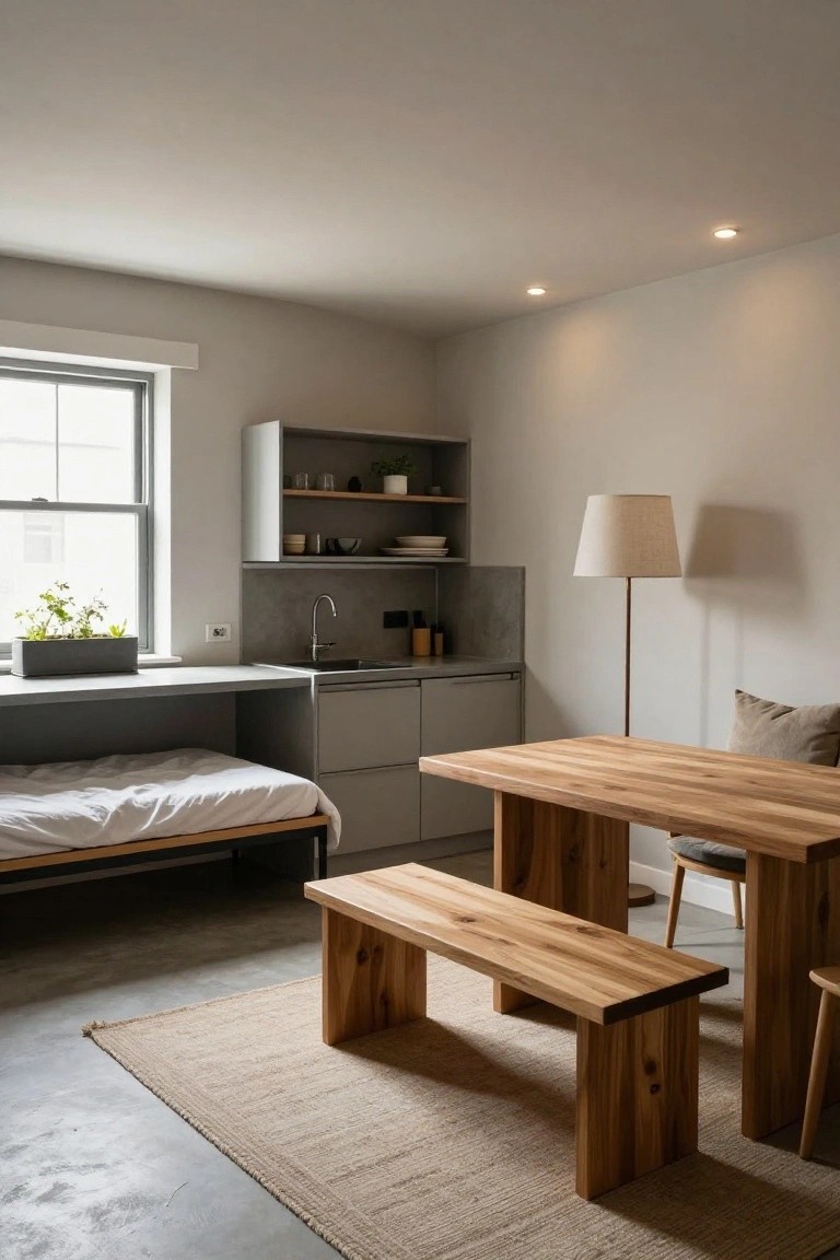 Minimalist indoor room with gray kitchen cabinets, concrete countertop, wood dining table and benches, fold-out bed, recessed ceiling lights, and a tall floor lamp.