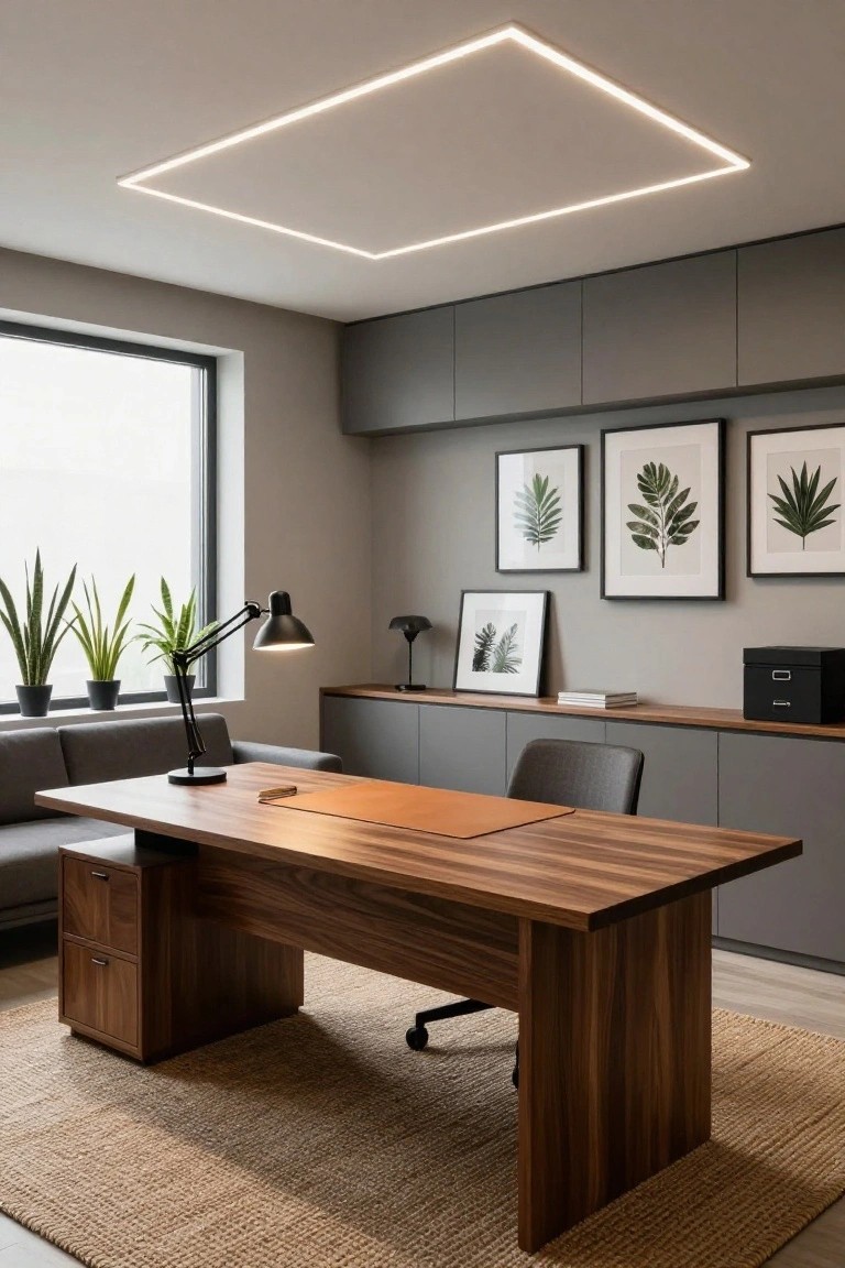 Modern home office with walnut desk, grey cabinets, desk lamp, potted plants, leaf wall art, and recessed square LED strip light on the ceiling.