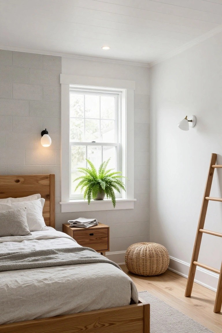 Cozy bedroom with wooden bed, fern on windowsill, woven stool, and ladder.