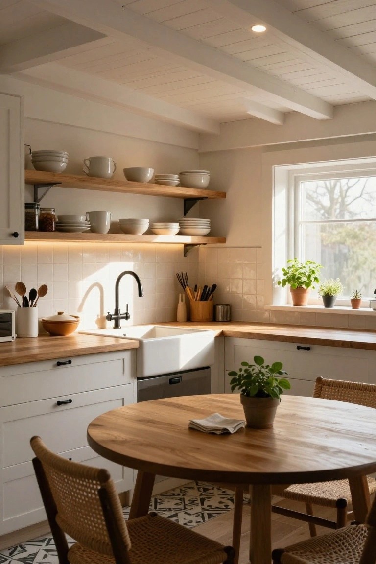 Kitchen interior with white painted wooden beamed ceiling featuring one recessed spotlight, white shaker cabinets, wooden counters, farmhouse sink, open oak shelves with white dishes, round oak table with rattan chairs, and potted plants near a window.