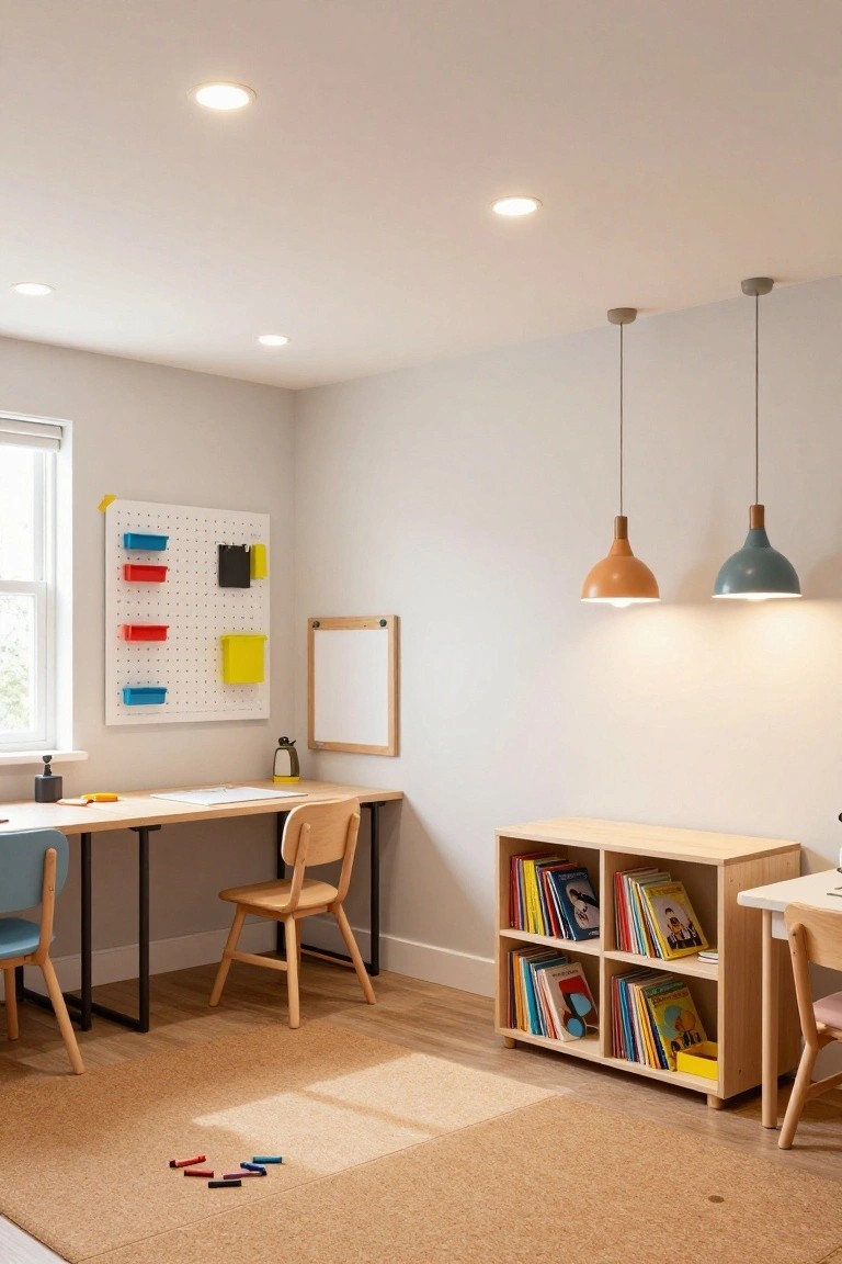 Children's study room with two wooden desks on metal legs, wooden chairs in blue and beige, white pegboard wall with colored bins, wooden bookshelf with kids' books, cork flooring, and ceiling with multiple recessed downlights plus orange and teal pendant lamps.