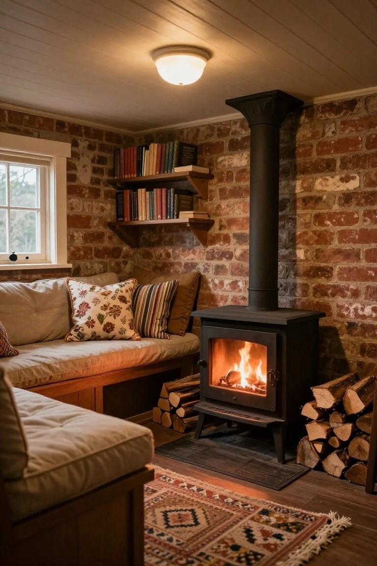 Basement room featuring exposed wood ceiling beams, a flush-mount white globe ceiling light, brick walls, wood-burning stove with firewood stack, built-in cushioned bench seating, bookshelves, and a small window.