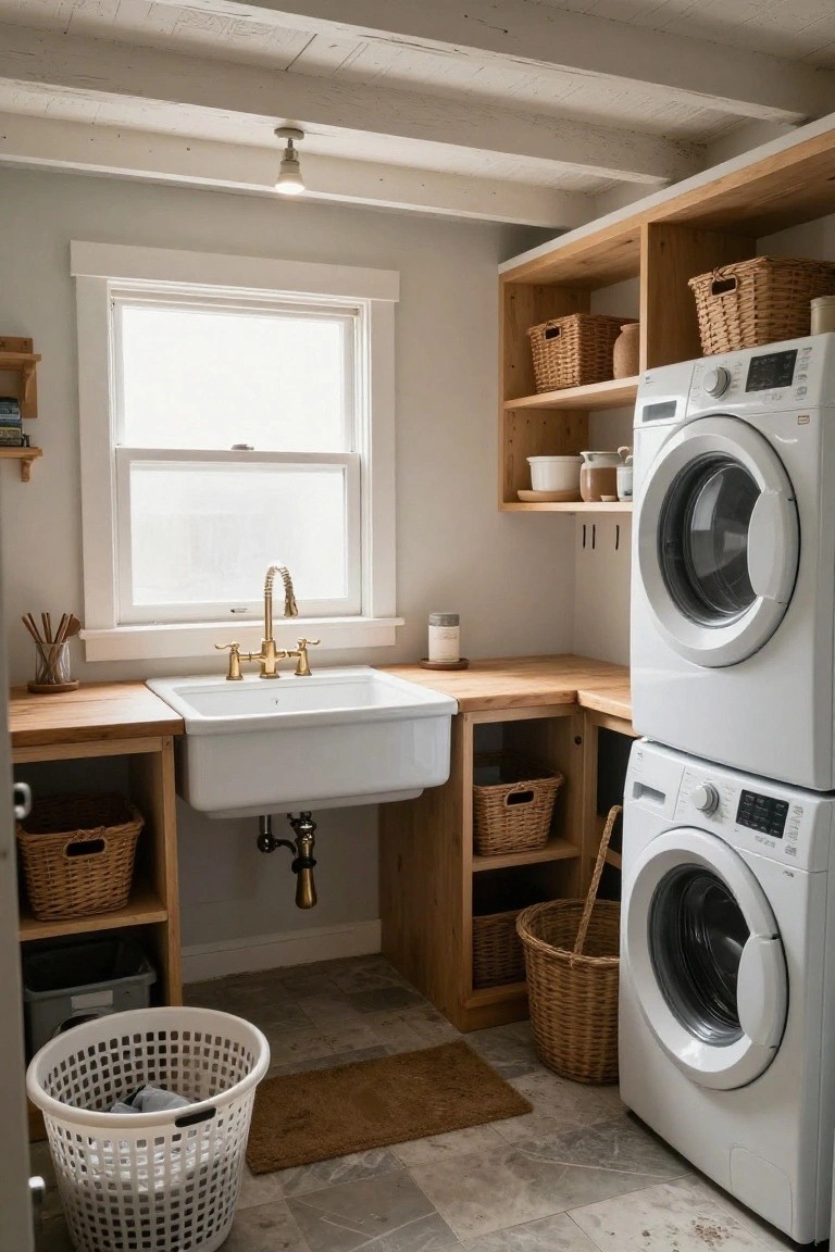 Basement laundry room featuring exposed white wooden beam ceiling with a single pendant light, white washer and dryer stack, farmhouse sink with brass faucet on wooden counter, open shelving with woven baskets, and tiled floor.
