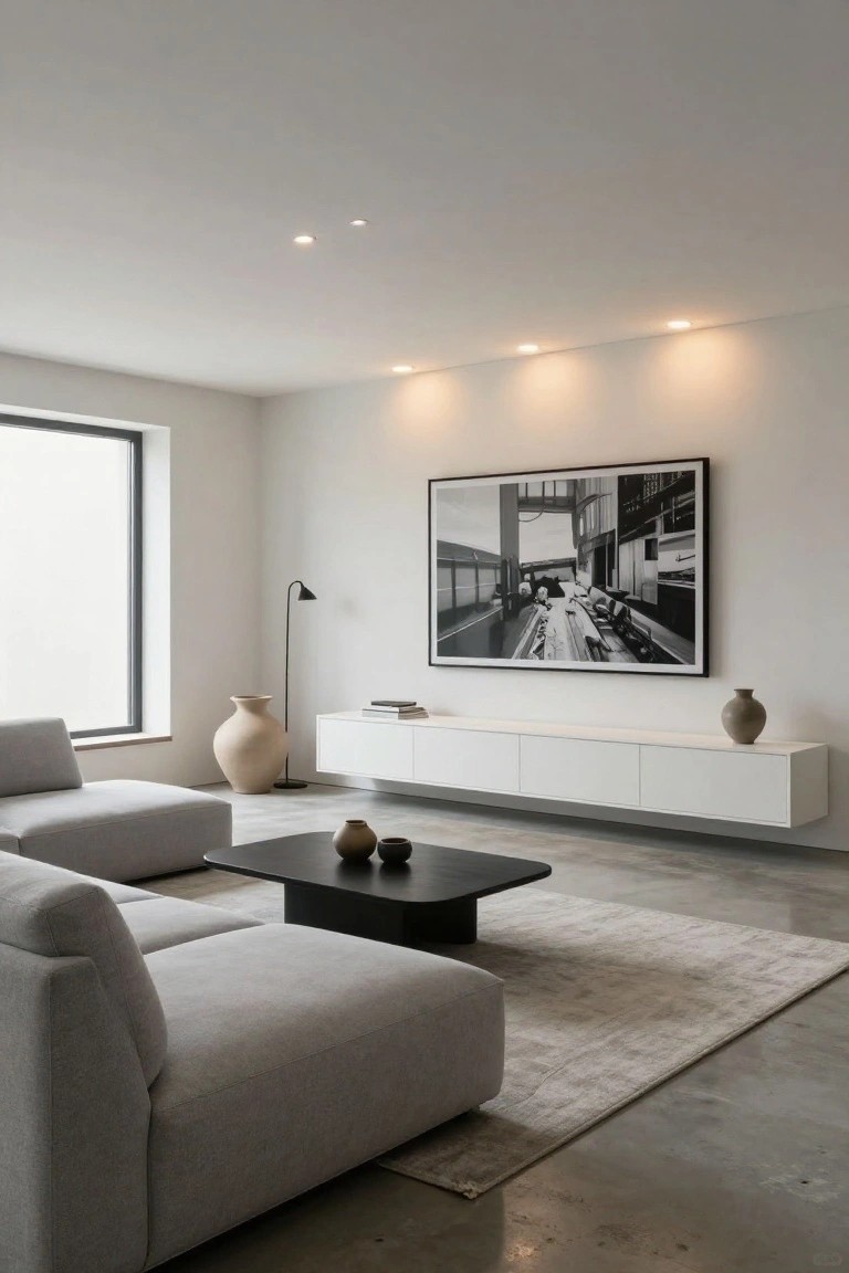 Minimalist living room with gray sofa, black table, white console, and large artwork.