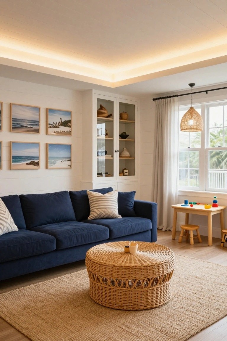 Cozy living room with navy blue sofa, striped throw pillows, woven rattan coffee table, small wooden kids table with toys, white built-in cabinets displaying pottery, four framed beach landscape prints, sheer curtains on large windows with palm view, rattan pendant lamp, and warm LED strip lighting along the ceiling perimeter over seagrass rug and light wood floors.