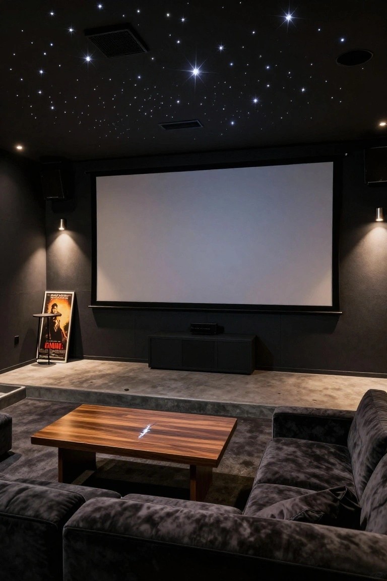 Dark home theater room featuring a black ceiling with fiber optic star lights, large blank projection screen, dark gray walls, plush velvet sofas around a wooden coffee table, and a movie poster.