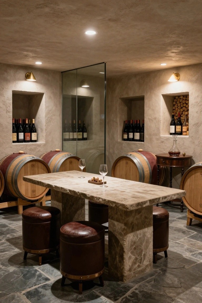A basement wine cellar with stone walls, wooden barrels, wine racks, a large stone table with leather stools, glassware, and recessed ceiling lights.