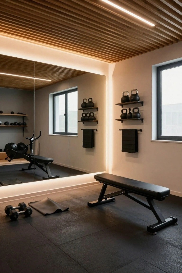 Home gym with wooden slat ceiling and integrated LED strip lighting, large mirrored wall, black weight bench, dumbbells, exercise bike, kettlebells on shelves, and rubber flooring.