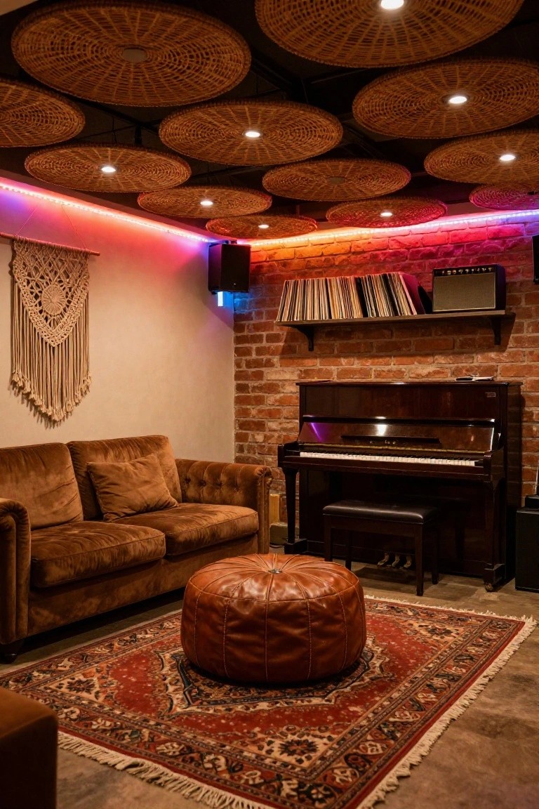 Basement lounge with multiple round woven basket pendant lights hanging from the ceiling, brick accent wall, upright piano, brown velvet sofa, pouf, and red rug.