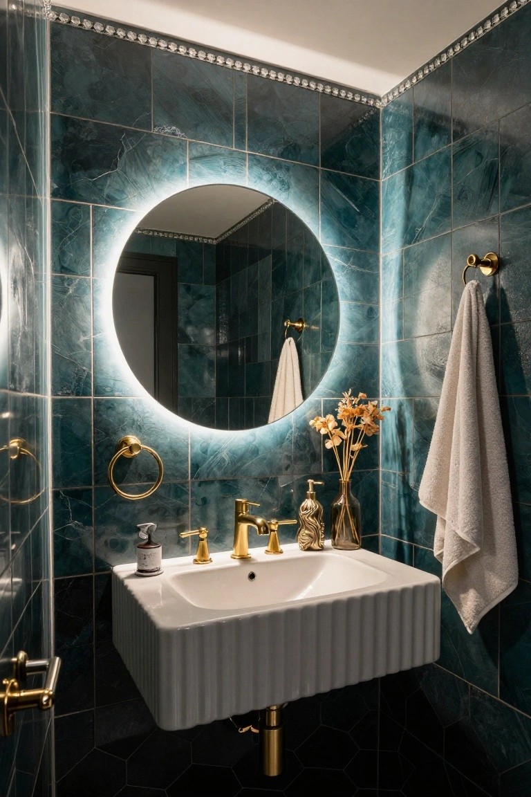 Small bathroom featuring iridescent teal tiles on walls and floor, large round mirror with blue LED backlighting, white fluted wall-mounted sink with gold faucet and handles, hanging white towels, and vase of dried flowers on the vanity.