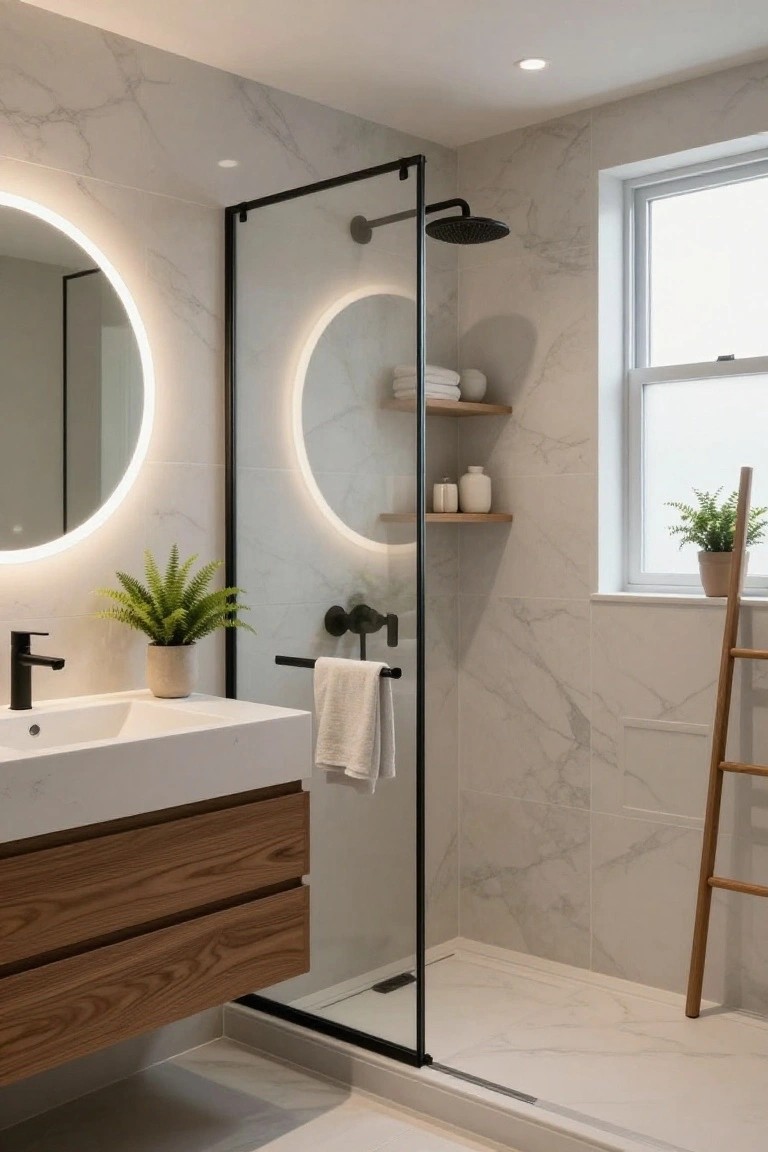 Modern bathroom with white marble walls and floor, round backlit mirror above wooden vanity with plants, black-framed glass shower enclosure, wooden shelves, towel rail, ladder rack, and window.