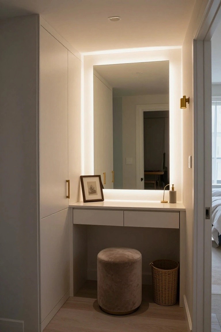 White vanity desk with backlit rectangular mirror, two drawers, gold pulls, framed artwork, desk lamp, pouf stool, woven basket, and open door to adjacent bedroom.