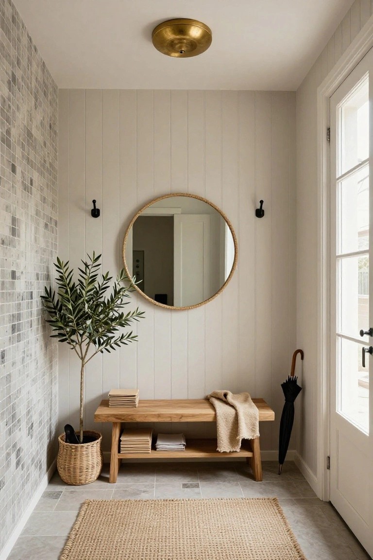 Small indoor entryway featuring a brass flush-mount ceiling light, round rattan mirror, potted olive tree, wooden bench with folded throw and stacked boxes, black umbrella stand, seagrass rug, gray tile floor, white shiplap walls, and glass door.