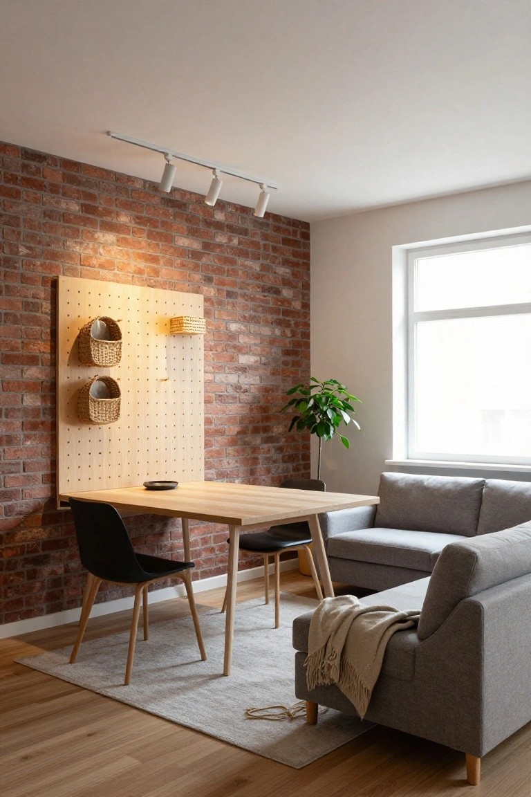 Small room interior with exposed brick wall holding a large pegboard organizer with baskets, wooden desk with black chairs, gray corner sofa, potted plant by window, light gray rug on wood floor, and white track lighting with spotlights on the ceiling.