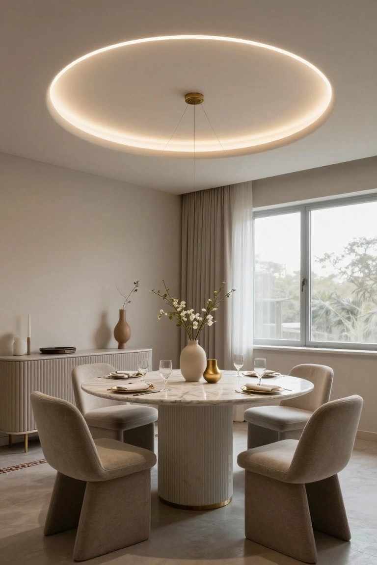 Modern dining room with a large circular LED ring light mounted on the low ceiling above a round white marble table, four curved beige upholstered chairs, a curved beige credenza with vases, and a window with sheer curtains.
