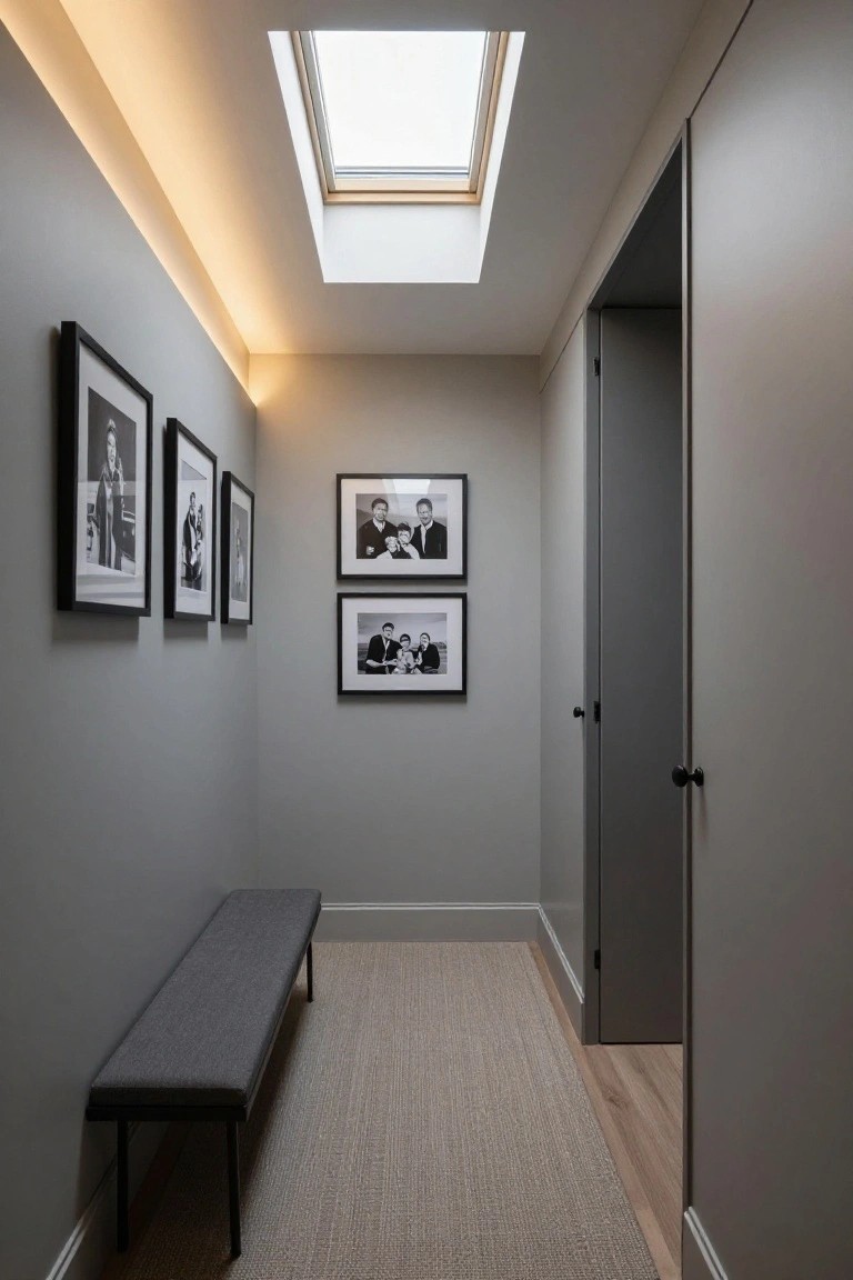 Narrow interior hallway with light gray walls, warm cove lighting along the ceiling perimeter, skylight overhead, black-framed black-and-white photos on one wall, gray bench, seagrass runner rug, and gray wardrobe doors at the end.