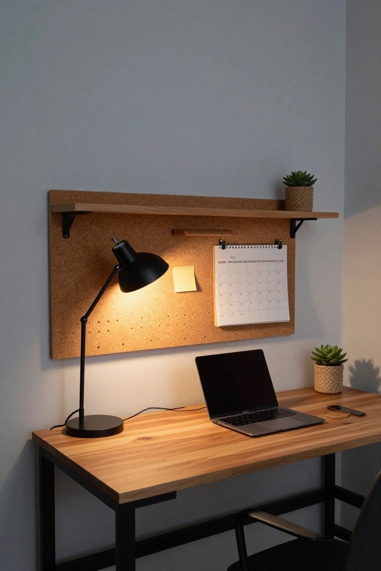 Wooden desk with open MacBook laptop, black adjustable gooseneck desk lamp turned on, smartphone, glasses, and small plants, next to a wall-mounted cork bulletin board shelf holding a calendar in a gray-walled room.