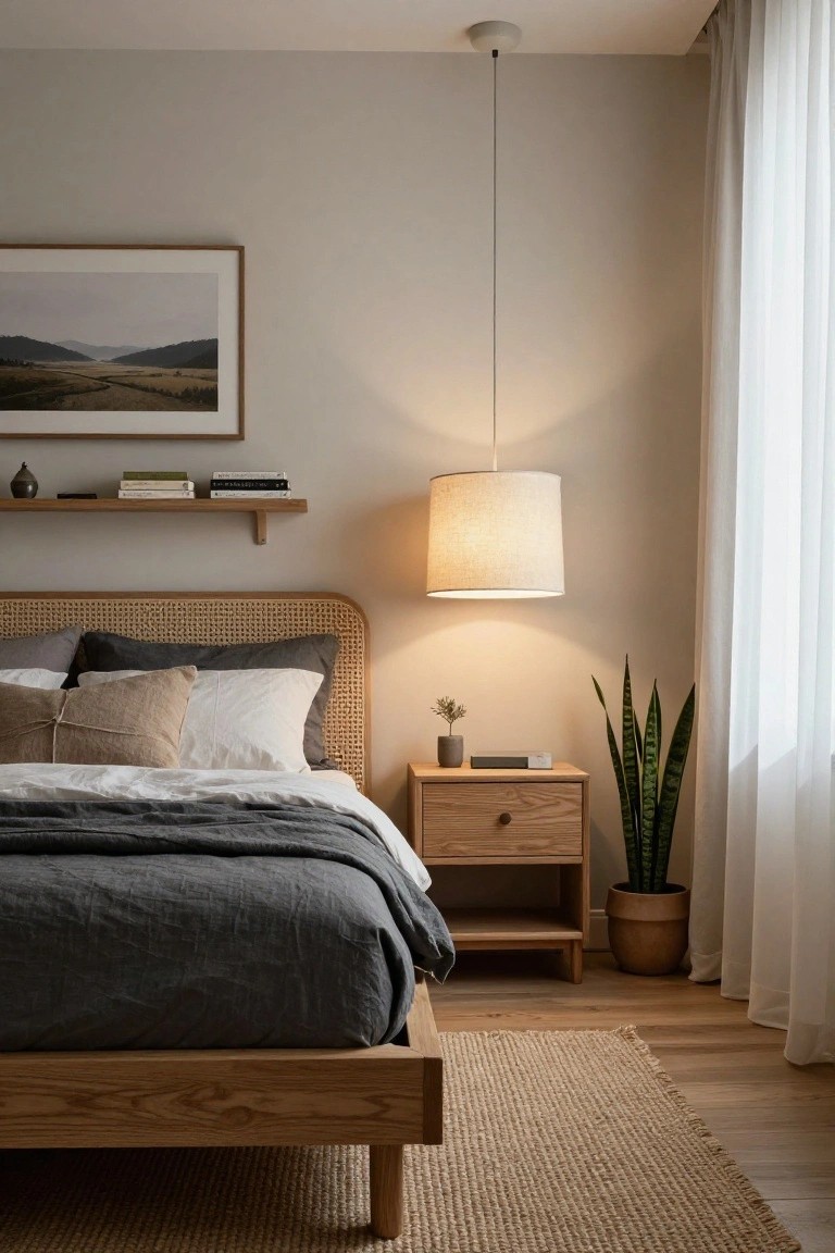 Bedroom with low wooden platform bed, rattan headboard, gray and white linens, wooden nightstand, snake plant in terracotta pot, floating wooden shelf with books and vase, framed landscape photo, hanging fabric-shade pendant lamp, white curtains, hardwood floor, and seagrass rug.