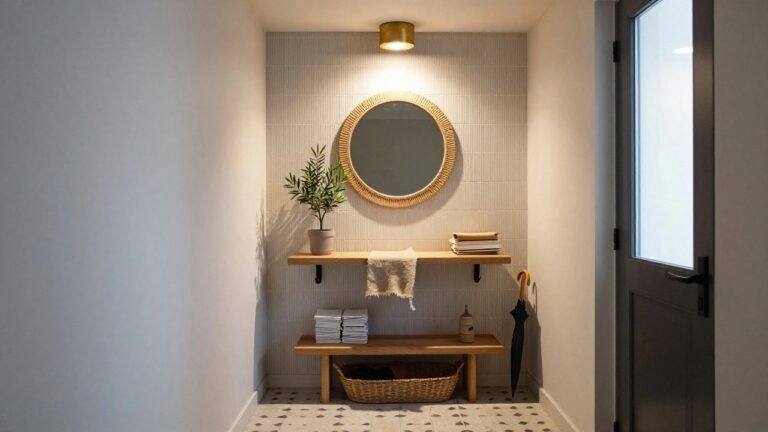 Small indoor entryway featuring a brass flush-mount ceiling light, round rattan mirror, potted olive tree, wooden bench with folded throw and stacked boxes, black umbrella stand, seagrass rug, gray tile floor, white shiplap walls, and glass door.