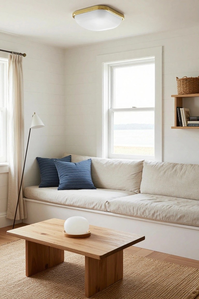 Interior of a small room with low white ceilings, a square gold-edged flush-mount ceiling light, beige built-in sofa with blue pillows, wooden coffee table holding a white orb lamp, floor lamp, window with sheer curtains overlooking water, and woven basket shelf.