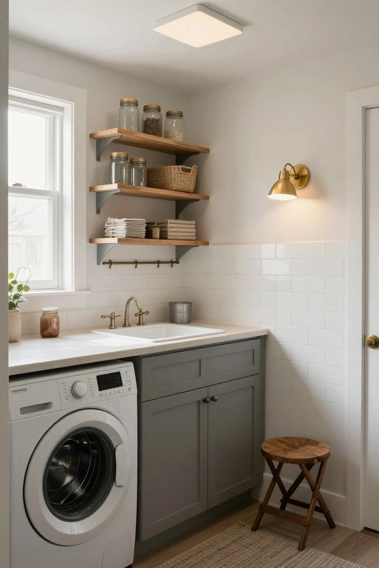 Small interior laundry room featuring a white front-loading washer, gray lower cabinets, white quartz countertop, farmhouse sink with brass faucet, white subway tile backsplash, wooden open shelves with jars and baskets, gold wall sconce, square flush-mount ceiling light, potted plant, and wood floor with jute rug.