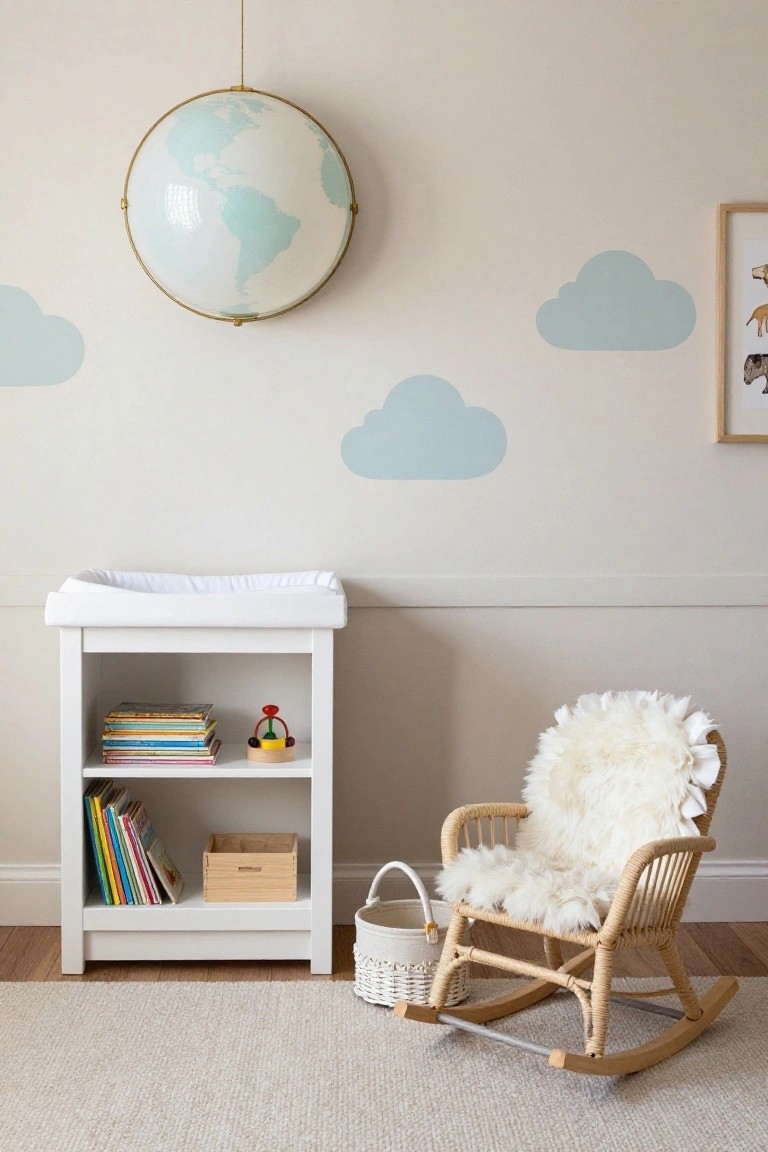 Light beige nursery room with suspended gold-framed globe pendant light showing light blue world map, white changing table holding books and toys below it, fluffy white rattan rocking chair, blue cloud wall decals, woven basket, and beige carpet.