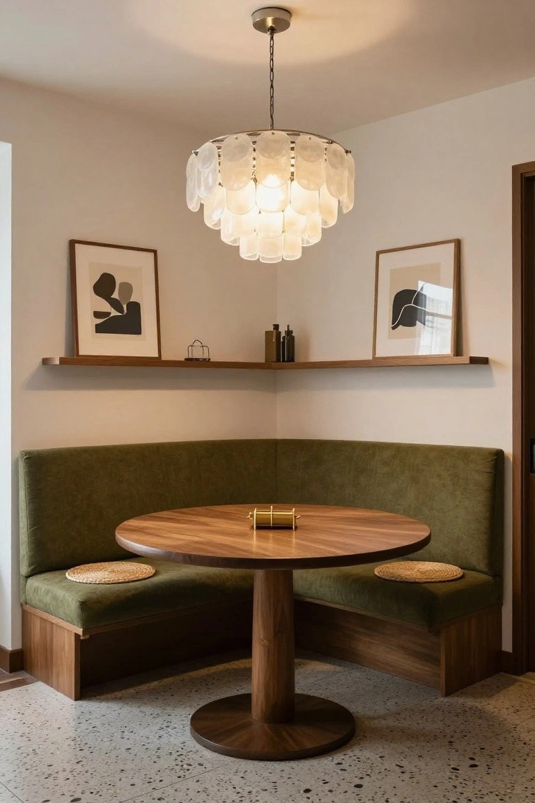 Corner indoor booth with green velvet benches around a round walnut table holding a gold tube and seagrass placemats, lit by a hanging chandelier of white shell discs, flanked by wooden shelves with abstract art prints and objects on white walls above a speckled terrazzo floor.