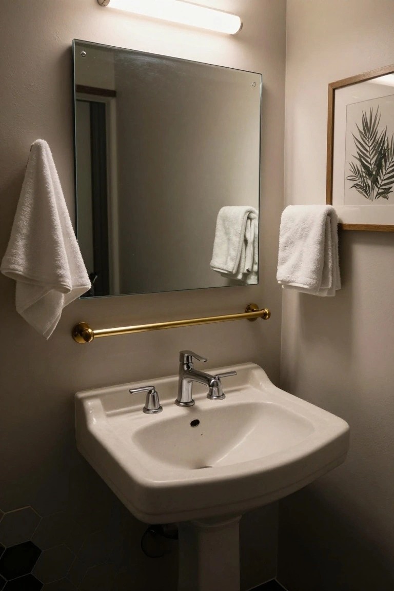 Small bathroom with white pedestal sink, wall mirror, gold grab bar holding white towels, linear ceiling light above the mirror, and framed leaf artwork on beige walls.
