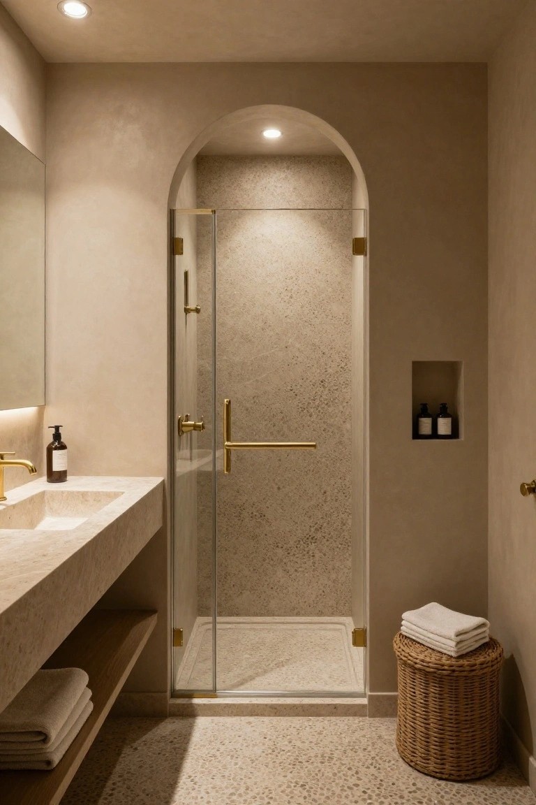 Small modern bathroom with beige textured walls and floor, arched glass shower door, stone sink with gold faucet, wood shelf with towels, and recessed ceiling spotlights.