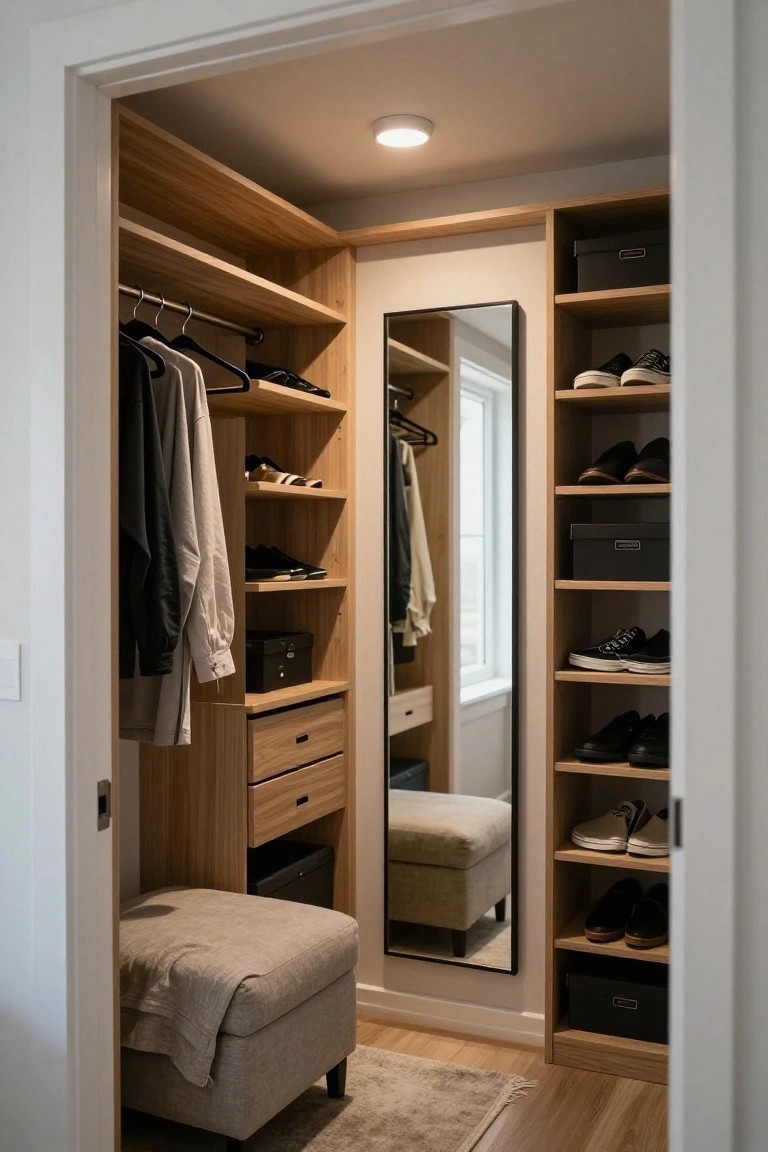 Walk-in closet featuring oak built-in cabinets with hanging rods, shoe shelves, drawers, a full-length mirror, and a beige upholstered bench under a recessed ceiling light.