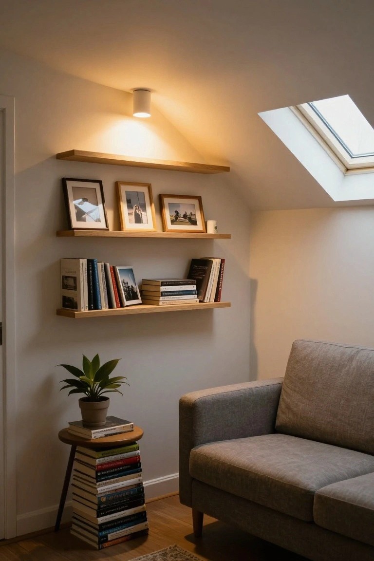 Small interior room with sloped white ceiling and recessed white cylindrical ceiling light, wooden floating shelves with books and framed photos, potted green plant on tripod stool with stacked books next to gray sofa, skylight in roof.