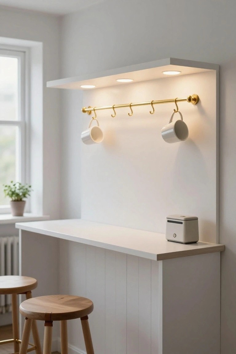 White wall-mounted shelf unit with three recessed lights, gold towel rail holding two white mugs, counter with small beige appliance and two wood stools in a light interior room by a window.