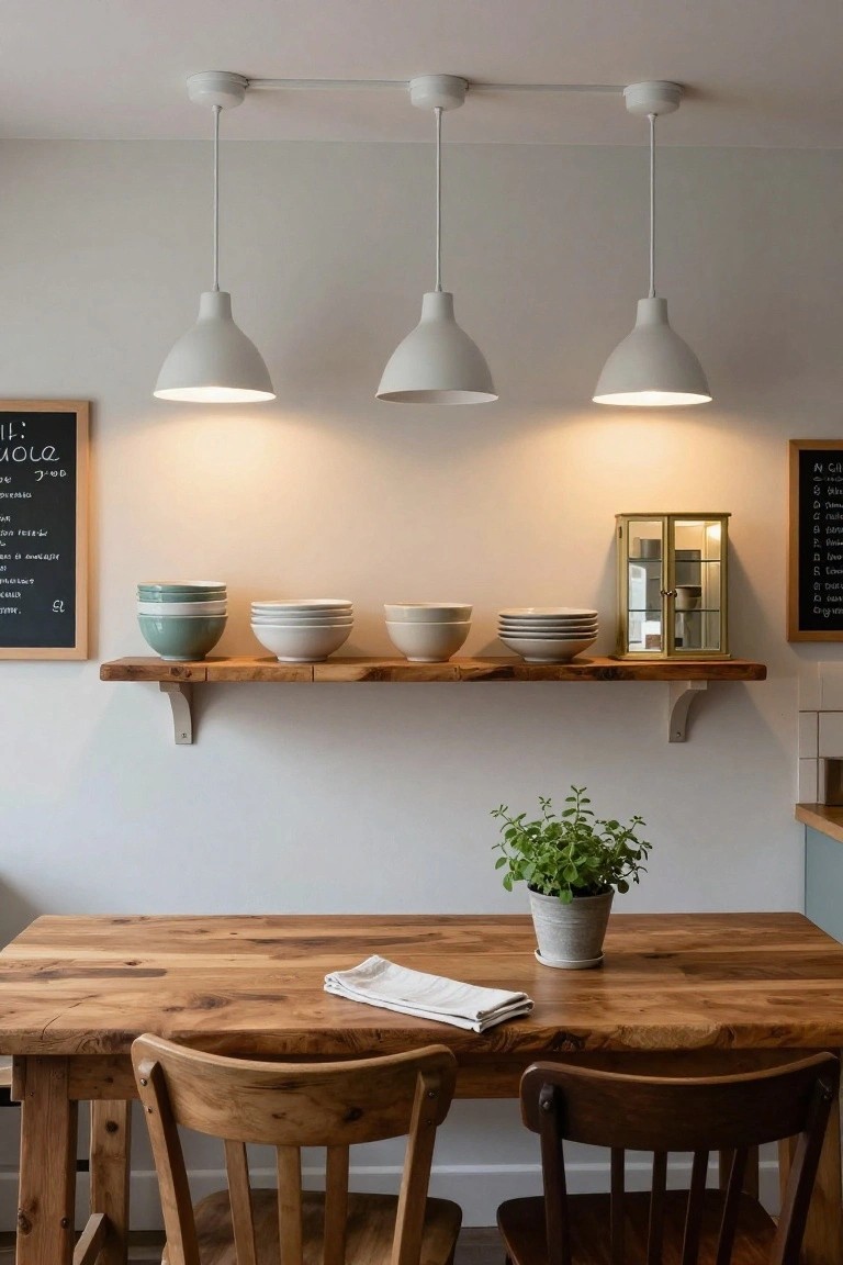 Kitchen dining area featuring three white pendant lamps hanging low from the ceiling over a wooden table with chairs, wooden shelves displaying stacked bowls, a chalkboard menu, and a potted herb plant on the table.