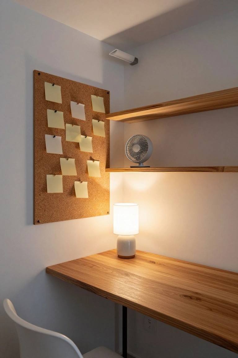 Compact home office nook featuring a floating wooden desk with a white ceramic table lamp, corkboard covered in yellow sticky notes on the wall, wooden wall shelves with a small fan, and a white chair in a light gray room.