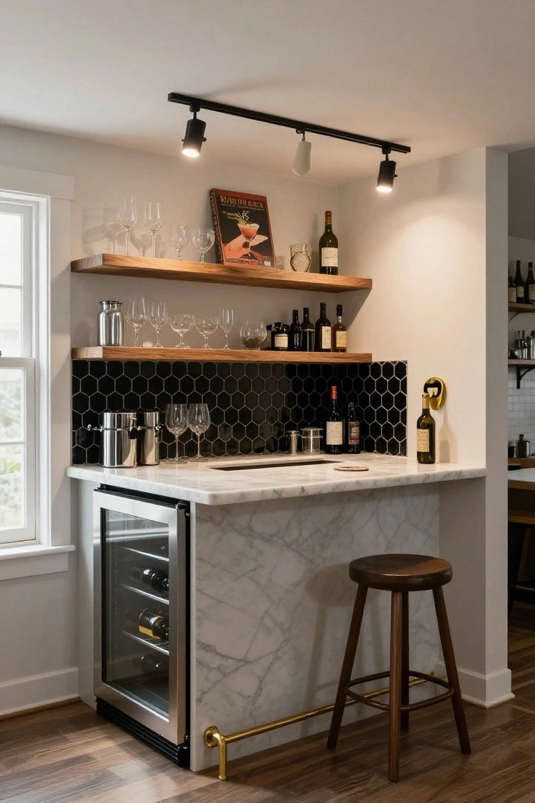 Home bar area featuring low ceiling with black track lighting and spotlights, wooden floating shelves holding glasses and bottles, black hexagonal tile backsplash, white marble countertop with wine fridge underneath, and wooden stool.