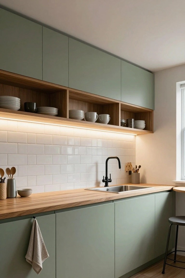 Kitchen interior featuring sage green cabinets, oak wood open shelves with dishes, white subway tile backsplash, black matte faucet over stainless sink, wood countertop, and thin LED strip lighting under the upper shelves.