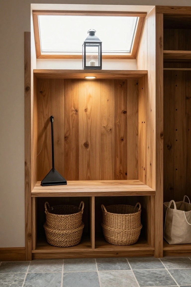Wooden built-in wardrobe with vertical paneling, open shelves holding two stacked wicker baskets on the left and one on the right, a black-handled squeegee on a shelf, black metal lantern with white candle above, small round recessed light in niche, skylight overhead, and beige canvas tote bag on right shelf above blue-gray slate floor.