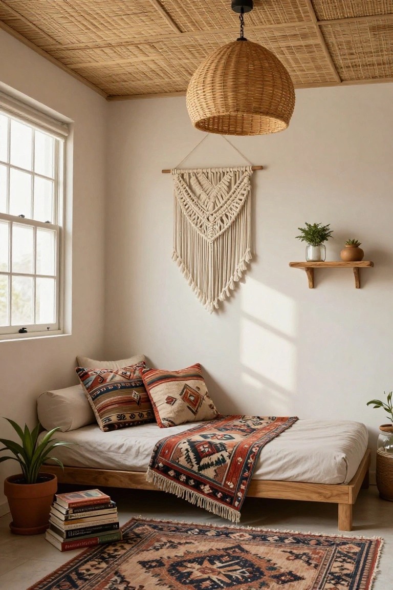 Small bedroom featuring a low bamboo mat ceiling with a hanging woven basket pendant light, white walls, macrame wall hanging, platform bed with patterned pillows and blanket, potted plants, books, shelf with pots, and patterned rug on floor.