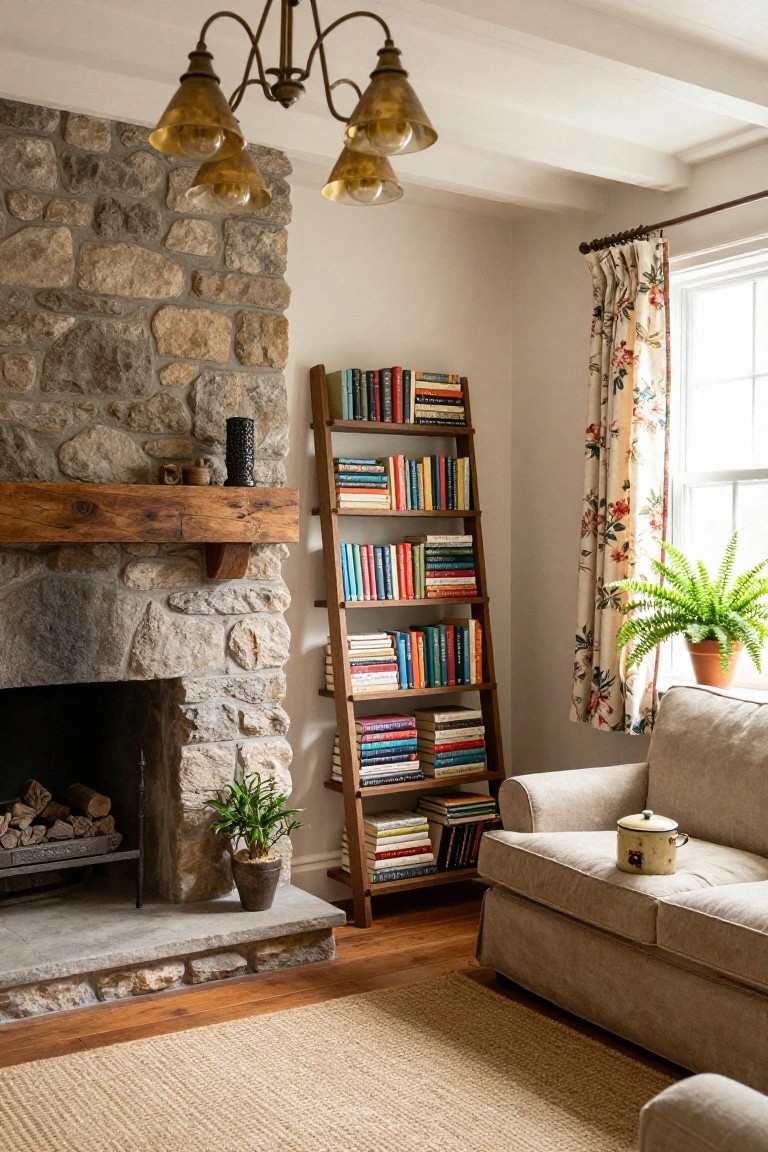 Living room featuring a stone fireplace with wood mantel, leaning wooden bookshelf filled with books, beige slipcovered sofa, potted plants, floral curtains at window, seagrass rug, and brass five-arm chandelier hanging from white beamed ceiling.
