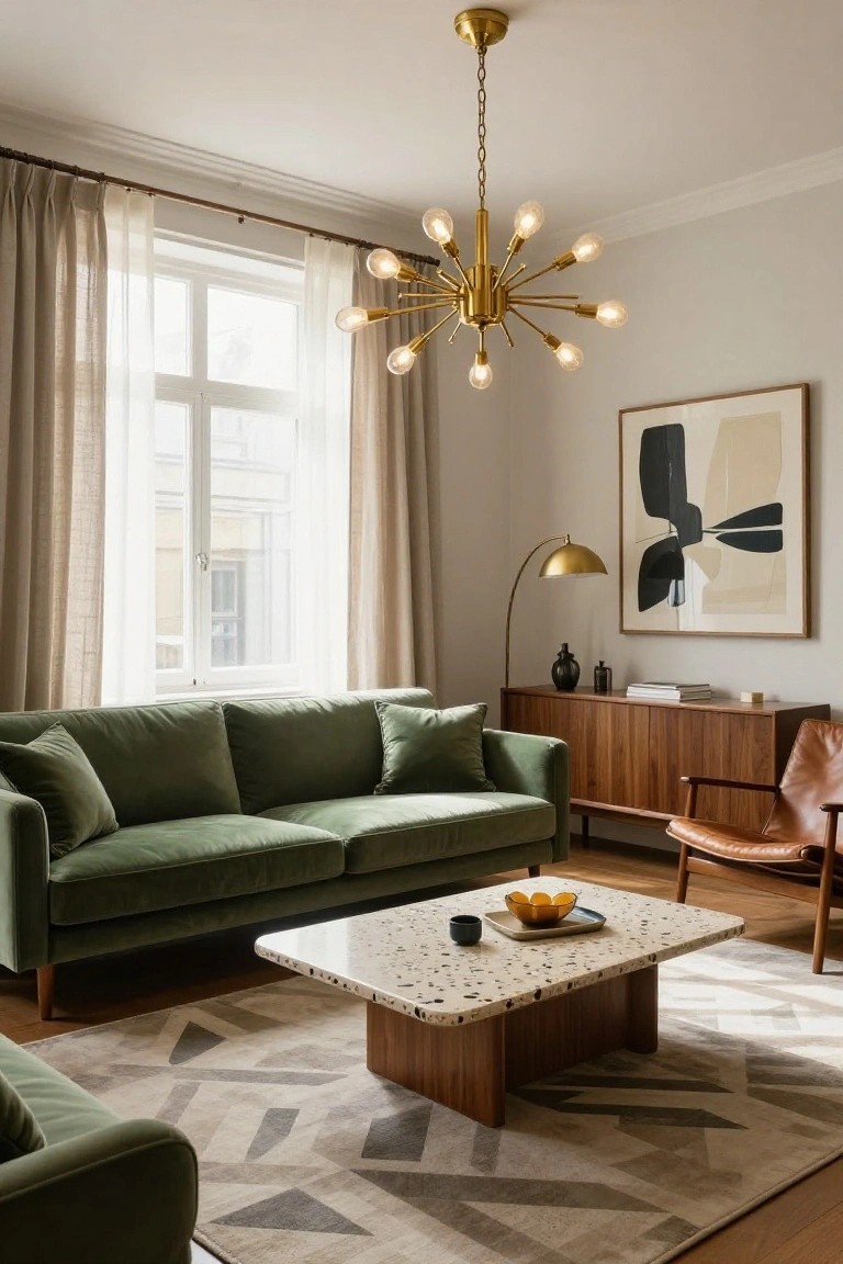Modern living room with green velvet sofa, terrazzo coffee table, and brass chandelier.