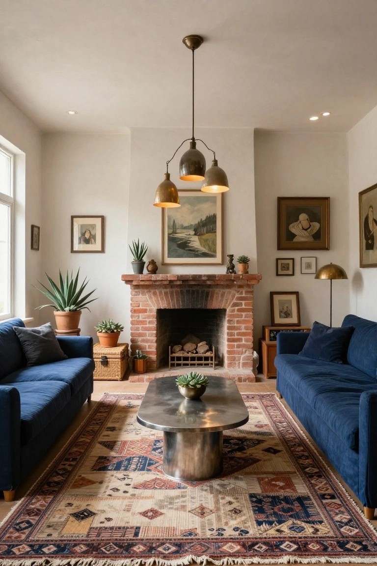 Living room with two navy blue velvet sofas facing a brick fireplace, colorful patterned rug, potted plants, framed artwork on white walls, and brass three-shade pendant light fixture over a rectangular metal coffee table.