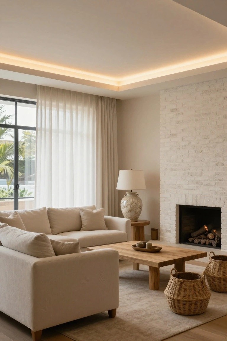 A light beige living room with a modular sofa, wooden coffee table, white brick fireplace with burning logs, large window with sheer curtains and palm trees outside, side table with lamp and vase, and thin LED strip lighting recessed around the ceiling perimeter.