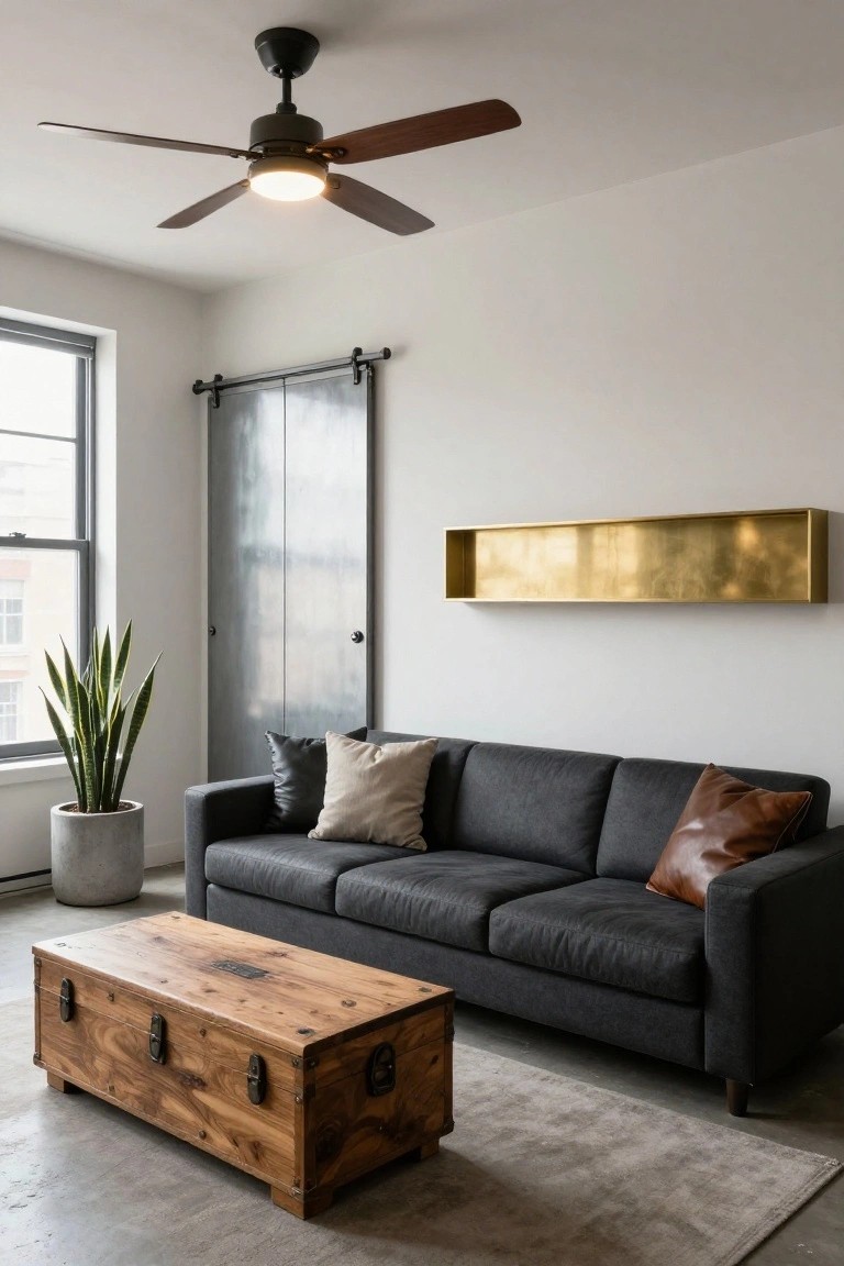 A living room with a black ceiling fan featuring wooden blades and integrated warm light above a gray sofa, wooden trunk coffee table, potted snake plant, metal sliding door, and brass shelf on a white wall.