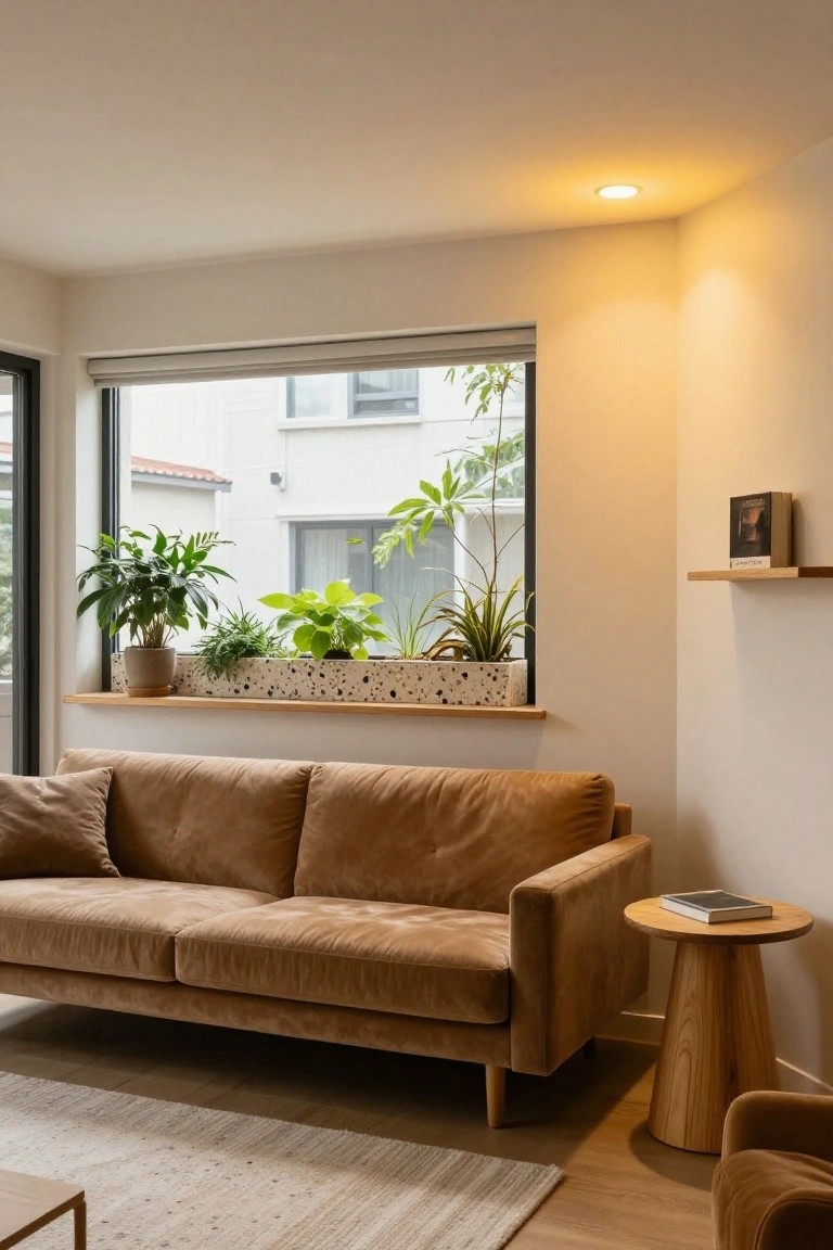 Modern living room corner featuring a tan velvet sofa, wooden side table with book, plants on wide window sill, and single recessed ceiling light with warm glow.