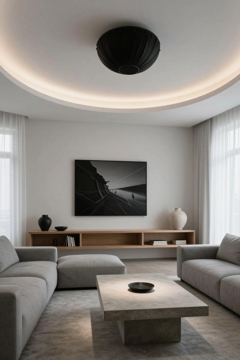 Modern living room featuring gray modular sofas, wooden low shelf with vases and books, concrete pedestal coffee table, black and white framed photograph on wall, black fabric pendant light centered in curved white ceiling with recessed LED cove lighting, sheer curtains on large windows, light gray flooring and rug.