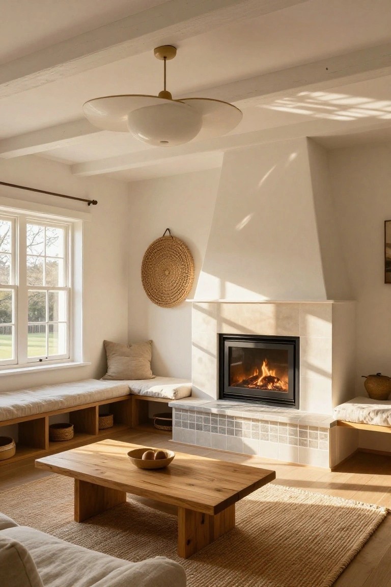 Living room with white curved ceiling pendant light above wooden coffee table, tiled fireplace, built-in benches with cushions, woven wall hanging, and windows overlooking green yard.
