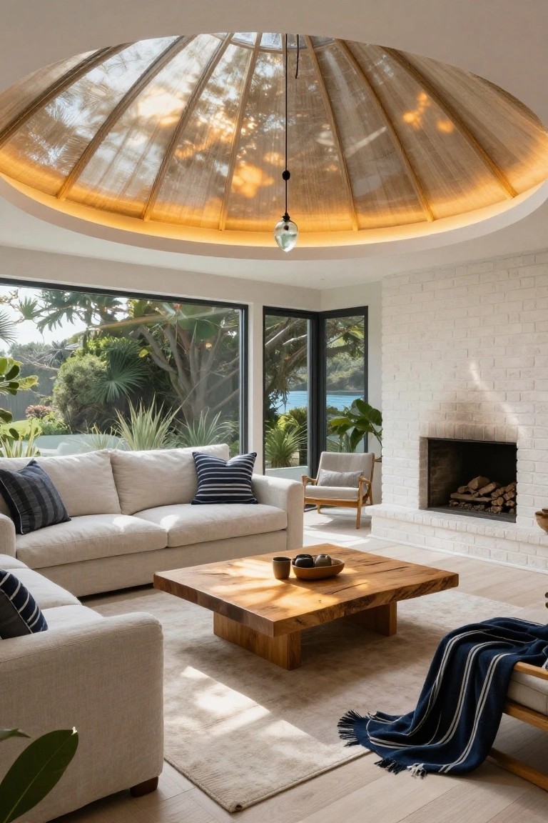 Living room featuring a large dome skylight ceiling with hanging pendant light, white brick fireplace, beige sofas with navy pillows, wooden coffee table, and large windows showing tropical garden and sea views.